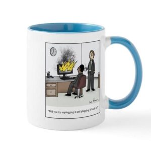 cafepress unplug and plug back in cartoon ceramic coffee mug, tea cup 11 oz