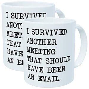 pack of 2 – i survived another meeting that should have been an email – 11oz ceramic coffee mugs – best funny and inspirational gift