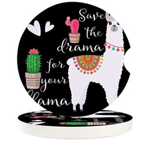 Car Cup Holder Coasters Set of 2, Mandala Llama Animals and Cactus Plants Absorbent Ceramic Stone Drink Coaster with A Finger Notch for Easy Removal of Auto Cupholder