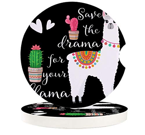 Car Cup Holder Coasters Set of 2, Mandala Llama Animals and Cactus Plants Absorbent Ceramic Stone Drink Coaster with A Finger Notch for Easy Removal of Auto Cupholder