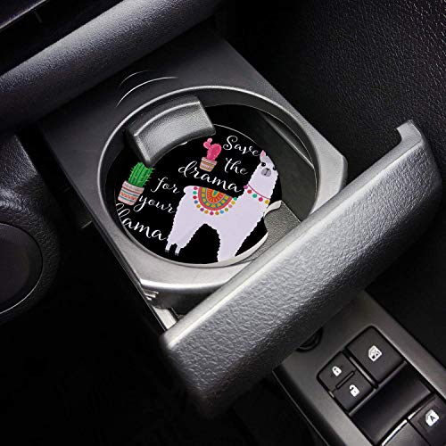 Car Cup Holder Coasters Set of 2, Mandala Llama Animals and Cactus Plants Absorbent Ceramic Stone Drink Coaster with A Finger Notch for Easy Removal of Auto Cupholder