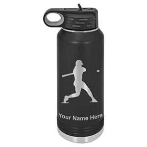 lasergram 32oz double wall flip top water bottle with straw, baseball player 3, personalized engraving included (black)