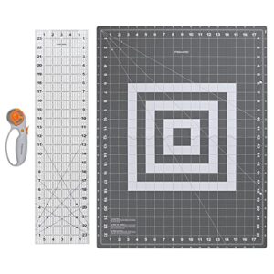 fiskars 3 piece rotary cutter set, 45 mm blade rotary fabric cutter, fabric cutting mat, ruler for sewing, crafts, white/grey