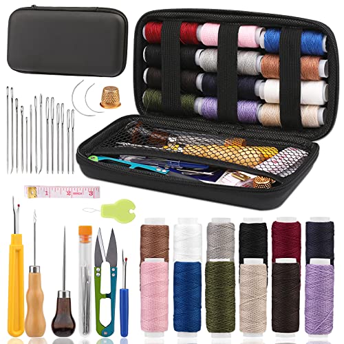 Upholstery Repair Sewing Kit, Heavy Duty Sewing Kit with Leather Sewing Needles, Curved Needles, Upholstery Thread, Sewing Awl, Seam Ripper, Leather Sewing Kit for Tent, Sofa, Canvas, Shoes, Carpet