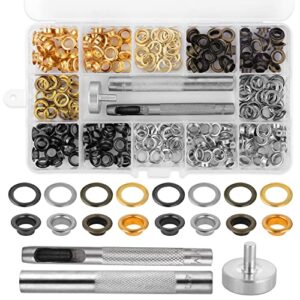 1/4 inch grommet kit 200 sets metal grommets eyelets with 3 pieces install setting tool and storage box kit for fabric leather tarps curtains (4 colors)