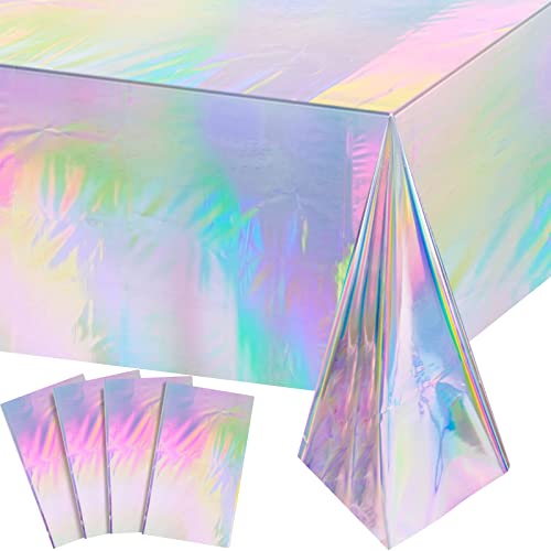 4 Pack Iridescence Plastic Tablecloths Shiny Disposable Laser Rectangle Table Covers Holographic Foil Tablecloth Iridescent Party Decoration Birthday Bridal Wedding Christmas 54" x 108"(Laser)