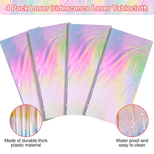 4 Pack Iridescence Plastic Tablecloths Shiny Disposable Laser Rectangle Table Covers Holographic Foil Tablecloth Iridescent Party Decoration Birthday Bridal Wedding Christmas 54" x 108"(Laser)