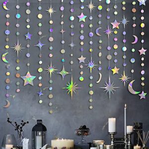 Iridescent Star Moon Circle Dot Garland Party Decoration Kit Hanging Crescent and Twinkle Little Star Streamer Bunting Banner for Kids First Birthday Ramadan EID Mubarak Baby Shower Wedding Decor