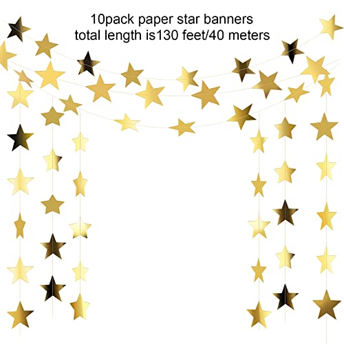 Glitter Star Garland Banner Decoration, 130 Feet Bright Gold Star Hanging Bunting Banner Backdrop for Engagement Wedding Baby Shower Birthday Christmas Decor (Gold)