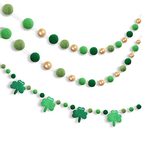 3 Pieces Pom Pom Garlands Felt Shamrock Clover Garlands Irish Wall Hanging Garlands Green Gold Felt Ball Garlands St. Patrick's Day Banner Decors for Irish St. Patrick's Day Indoor Outdoor Parties