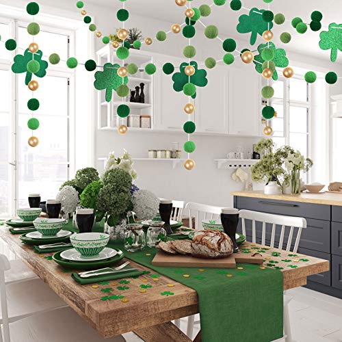 3 Pieces Pom Pom Garlands Felt Shamrock Clover Garlands Irish Wall Hanging Garlands Green Gold Felt Ball Garlands St. Patrick's Day Banner Decors for Irish St. Patrick's Day Indoor Outdoor Parties