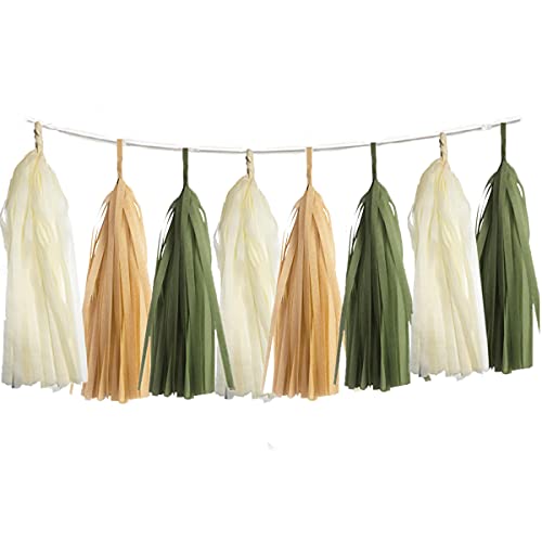 15PCS DIY Tissue Tassels Garland Olive Green Kraft Tan Brown Cream Neutral Party Tassel Banner for Greenery Safari Jungle Baby Shower Nature Theme Birthday Wedding Bridal Shower Decoration