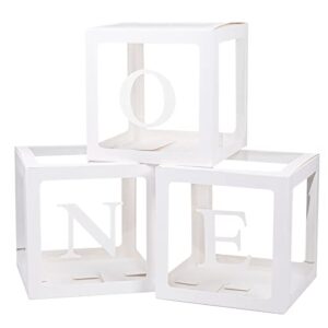 keencopper first birthday decorations for boy or girl, 3 pcs one balloon boxes for 1st birthday, baby clear blocks party decor with one two letters for photoshoot props, cake smash backdrop