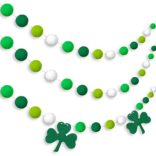 Tatuo 3 Pieces Pom Pom Garlands St. Patrick's Day Pom Garlands Felt Shamrock Clover Garlands Irish Wall Hanging Garlands for St. Patrick's Day Irish Party Indoor Outdoor Home Supplies