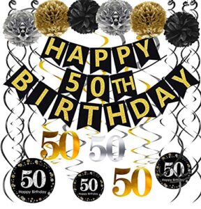 famoby black & gold glittery happy 50th birthday banner,poms,sparkling 50 hanging swirls kit for 50th birthday party 50th anniversary decorations supplies
