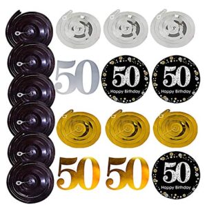 Famoby Black & Gold Glittery Happy 50th Birthday Banner,Poms,Sparkling 50 Hanging Swirls Kit for 50th Birthday Party 50th Anniversary Decorations Supplies