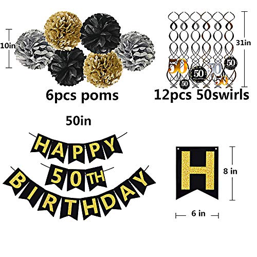 Famoby Black & Gold Glittery Happy 50th Birthday Banner,Poms,Sparkling 50 Hanging Swirls Kit for 50th Birthday Party 50th Anniversary Decorations Supplies