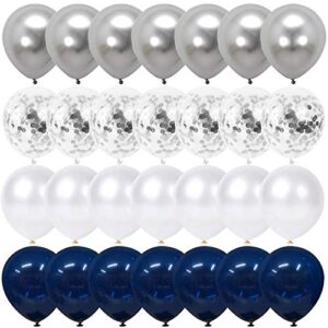 navy blue and silver confetti balloons 50 pcs, 12 inch white pearl and silver metallic chrome party balloons for 2022 graduation party decorations