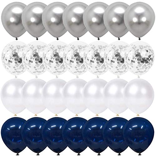 Navy Blue and Silver Confetti Balloons 50 pcs, 12 inch White Pearl and Silver Metallic Chrome Party Balloons for 2022 Graduation Party Decorations