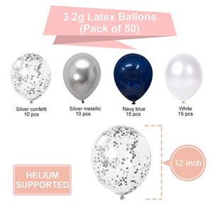 Navy Blue and Silver Confetti Balloons 50 pcs, 12 inch White Pearl and Silver Metallic Chrome Party Balloons for 2022 Graduation Party Decorations