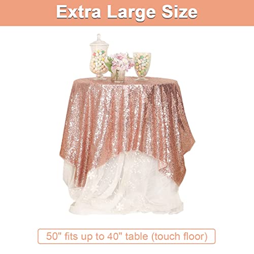 PartyDelight Rose Gold Sequin Wedding Tablecloth 50 by 50 Inch Square Polyester Sequin Overlay, Shiny Sequin Quality Tablecloth for Special Event Or Party（Rose Gold，50x50）