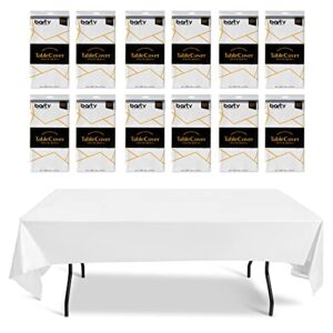 Plastic Table Cloths for Parties Disposable, Pack of 12, Thick White Tablecloth Good for Wedding, Birthday, Picnic Camping, also 12 Clips for disposable tablecloths for rectangle tables - 54x108-inch