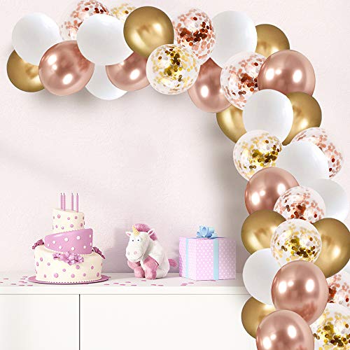 Rose Gold Confetti Latex Balloons, 60 pcs 12 inch White Metallic Gold Party Balloon with 33 Ft Rose Gold Ribbon for Birthday Wedding Anniversary Bridal Shower Decoration