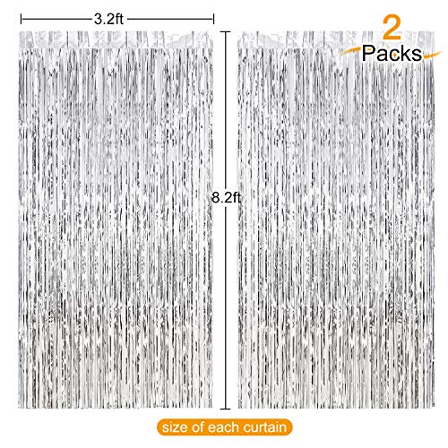 CHRORINE 2pcs 3ft x 8.3ft Silver Tinsel Foil Fringe Curtains Streamers Backdrop for Birthday Graduation Engagement Bridal Shower Bachelorette Baby Shower Holiday Party Decorations