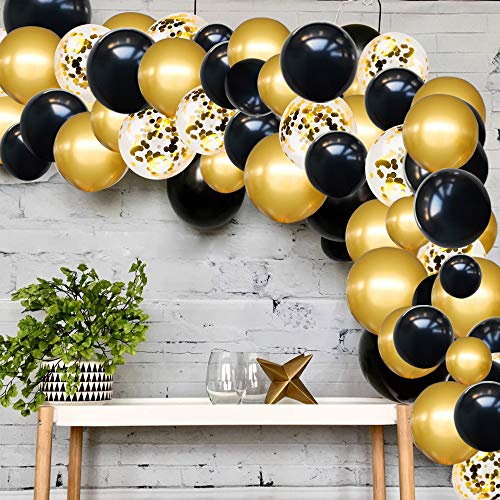 RUBFAC Black and Gold Balloons Garland Arch Kit with Black Gold Confetti Balloons for Graduation Birthday Party Decorations