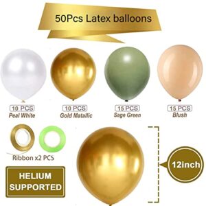 Sage Green Gold White Latex Balloons,50 Pcs 12 Inch Green and blush Gold Party Balloons For Birthday Baby Shower Engagement Wedding Anniversary Party Decorations