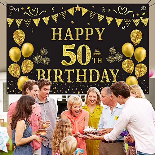 Trgowaul 50th Birthday Backdrop Gold and Black 5.9 X 3.6 Fts Happy Birthday Party Decorations Banner for Women Men Photography Supplies Background Happy Birthday Decoration