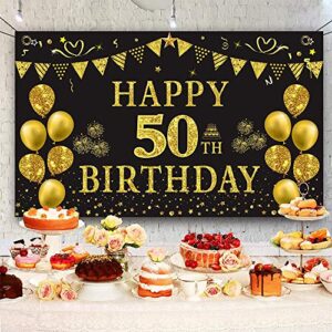 Trgowaul 50th Birthday Backdrop Gold and Black 5.9 X 3.6 Fts Happy Birthday Party Decorations Banner for Women Men Photography Supplies Background Happy Birthday Decoration