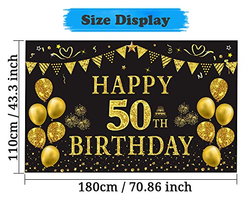 Trgowaul 50th Birthday Backdrop Gold and Black 5.9 X 3.6 Fts Happy Birthday Party Decorations Banner for Women Men Photography Supplies Background Happy Birthday Decoration