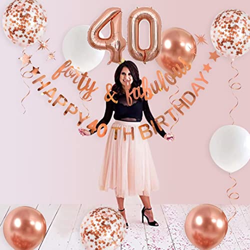 Rose Gold Forty & Fabulous Happy 40th Birthday Banner Garland Foil Balloon 40 for Womens 40th Birthday Decorations Hanging 40 and Fabulous Cheers to 40 Years Old Birthday Party Supplies Backdrop