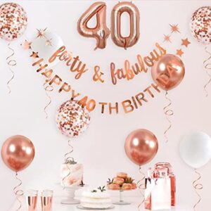 Rose Gold Forty & Fabulous Happy 40th Birthday Banner Garland Foil Balloon 40 for Womens 40th Birthday Decorations Hanging 40 and Fabulous Cheers to 40 Years Old Birthday Party Supplies Backdrop