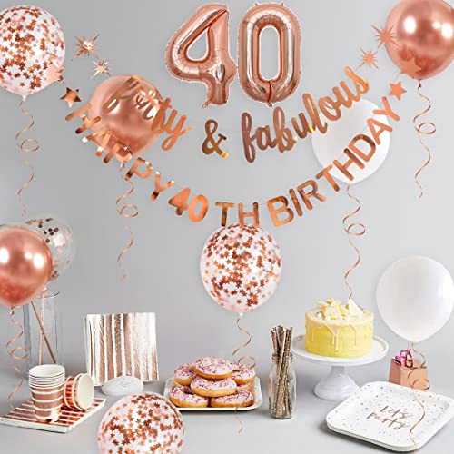 Rose Gold Forty & Fabulous Happy 40th Birthday Banner Garland Foil Balloon 40 for Womens 40th Birthday Decorations Hanging 40 and Fabulous Cheers to 40 Years Old Birthday Party Supplies Backdrop