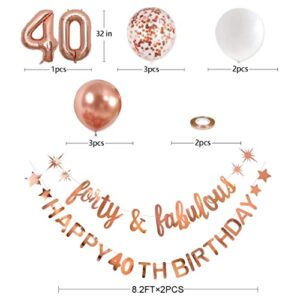 Rose Gold Forty & Fabulous Happy 40th Birthday Banner Garland Foil Balloon 40 for Womens 40th Birthday Decorations Hanging 40 and Fabulous Cheers to 40 Years Old Birthday Party Supplies Backdrop