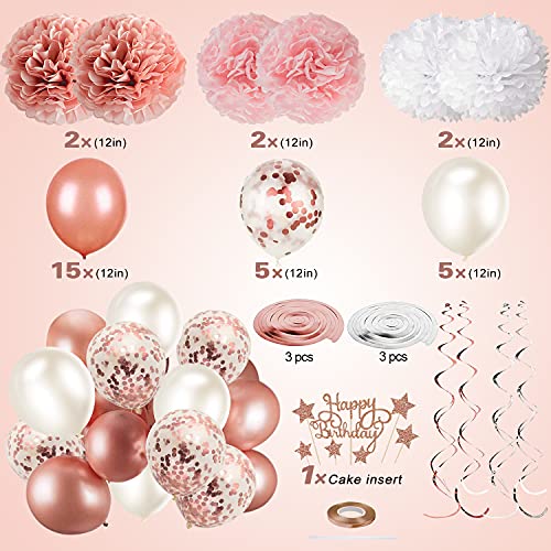 Rose Gold and Pink Birthday Party Decorations Set with Happy Birthday Banner,DIY Cake Topper,Circle Dots Garland,Hanging Swirls,Tissue Paper Pompoms,Paper Tassels Garland,Confetti Balloons for Man Women Birthday Party Decorations