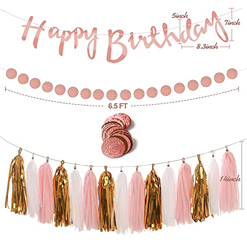 Rose Gold and Pink Birthday Party Decorations Set with Happy Birthday Banner,DIY Cake Topper,Circle Dots Garland,Hanging Swirls,Tissue Paper Pompoms,Paper Tassels Garland,Confetti Balloons for Man Women Birthday Party Decorations