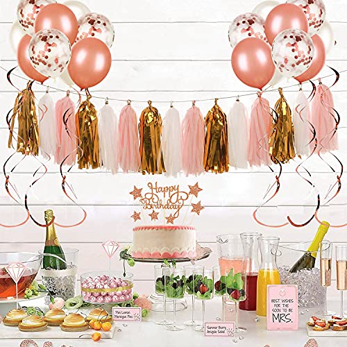 Rose Gold and Pink Birthday Party Decorations Set with Happy Birthday Banner,DIY Cake Topper,Circle Dots Garland,Hanging Swirls,Tissue Paper Pompoms,Paper Tassels Garland,Confetti Balloons for Man Women Birthday Party Decorations