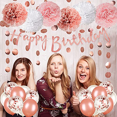 Rose Gold and Pink Birthday Party Decorations Set with Happy Birthday Banner,DIY Cake Topper,Circle Dots Garland,Hanging Swirls,Tissue Paper Pompoms,Paper Tassels Garland,Confetti Balloons for Man Women Birthday Party Decorations