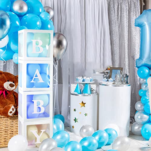 PABUES Baby Boxes with 4 PCS Letters for Baby Shower White Clear Balloon Box Blocks Gender Reveal Decorations and Birthday Party