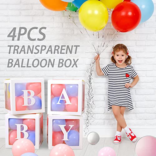 PABUES Baby Boxes with 4 PCS Letters for Baby Shower White Clear Balloon Box Blocks Gender Reveal Decorations and Birthday Party