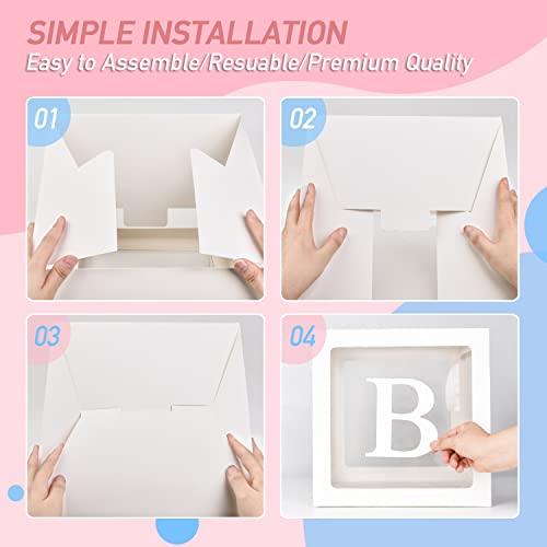 PABUES Baby Boxes with 4 PCS Letters for Baby Shower White Clear Balloon Box Blocks Gender Reveal Decorations and Birthday Party