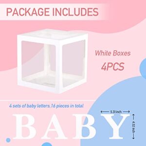 PABUES Baby Boxes with 4 PCS Letters for Baby Shower White Clear Balloon Box Blocks Gender Reveal Decorations and Birthday Party