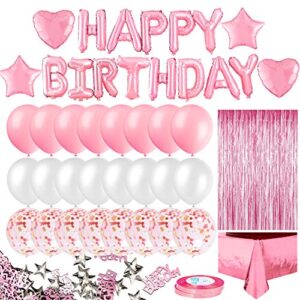 movinpe pink birthday party decoration, happy birthday banner, rose gold fringe curtain, foil tablecloth, heart star foil confetti balloons, 10g table confetti for women girl birthday party