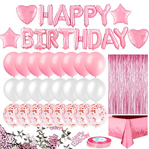 MOVINPE Pink Birthday Party Decoration, Happy Birthday Banner, Rose Gold Fringe Curtain, Foil Tablecloth, Heart Star Foil Confetti Balloons, 10g Table Confetti for Women Girl Birthday Party