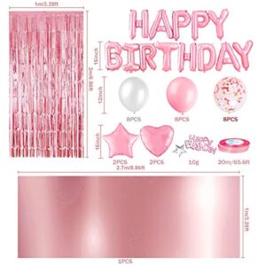 MOVINPE Pink Birthday Party Decoration, Happy Birthday Banner, Rose Gold Fringe Curtain, Foil Tablecloth, Heart Star Foil Confetti Balloons, 10g Table Confetti for Women Girl Birthday Party