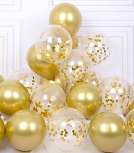aule party balloons pack of 42 – metallic gold balloons & gold confetti balloons and 64ft ribbons – 12 inch balloons decorations set