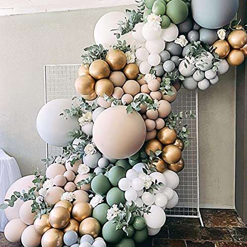 64 PCS Artificial Eucalyptus Leaves Stems Sage Green Blush Balloons, 12 Inch Sage Green Blush Nude Balloons with Artificial Eucalyptus for Baby Bridal Shower Birthday Safari Party Decoration